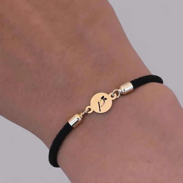 14 Ayar Altın Plakalı Harfe Özel Siyah Örgü İpli Yuvarlak Figürlü Hediye Bileklik-619 - Resim 3