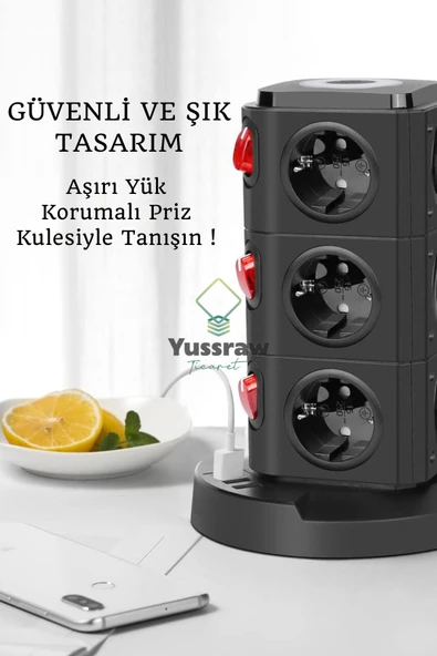 Yussraw Yeni Akım Korumalı 2.4a Kule Priz Kablosuz Şarj Istasyonu 12x Soketli 2×type-c 1x Usb çıkışı - 4