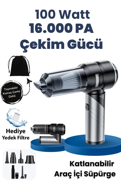 Yussraw Yeni 16000pa Güçlü Portatif Vakumlu Ve Üflemeli Katlanabilir Araç Içi Süpürge Pro Hl-121 - 7