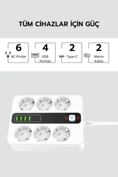 Yussraw Pro P11 6x Priz 3000W Termal Akım Korumalı 4x USB 2x Type-C Girişli Çoklu Priz - 6
