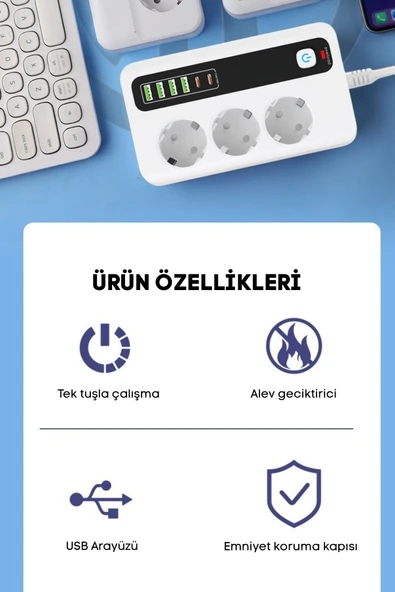 Yussraw Pro P10 3x Priz 3000W Akım Korumalı 4x USB 2x Type-C Girişli Çoklu Priz - 4