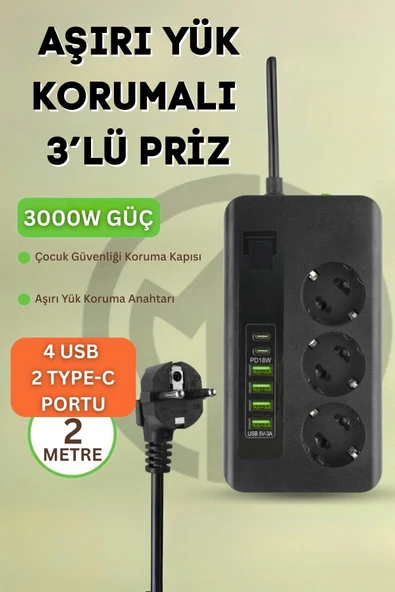 Yussraw Pro P10 3x Priz 3000W Akım Korumalı 4x USB 2x Type-C Girişli Çoklu Priz