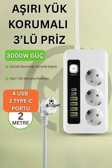 Yussraw Pro P10 3x Priz 3000W Akım Korumalı 4x USB 2x Type-C Girişli Çoklu Priz