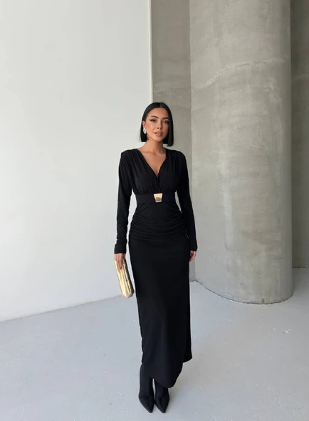 KRUVAZE AKSESUARLI MAXİ ELBİSE - 6