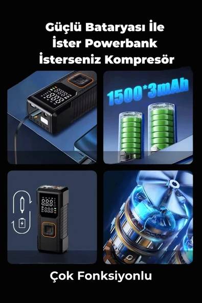 Yussraw Dijital Göstergeli Led Işıklı Taşınabilir 4500mAh Araç Lastik Şişirme Hava Kompresörü - 6