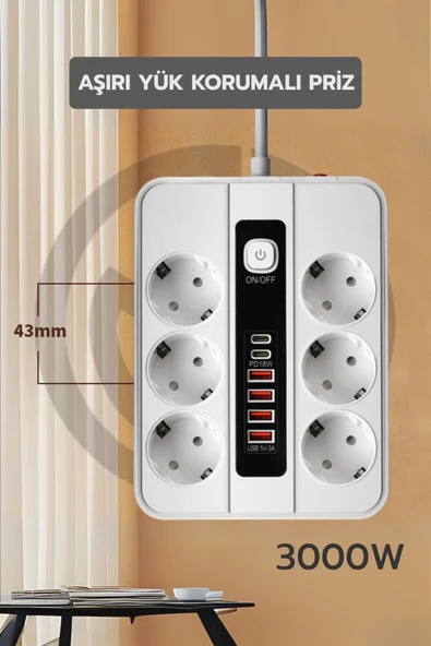 Yussraw Pro P11 6x Priz 3000W Termal Akım Korumalı 4x USB 2x Type-C Girişli Çoklu Priz - 2