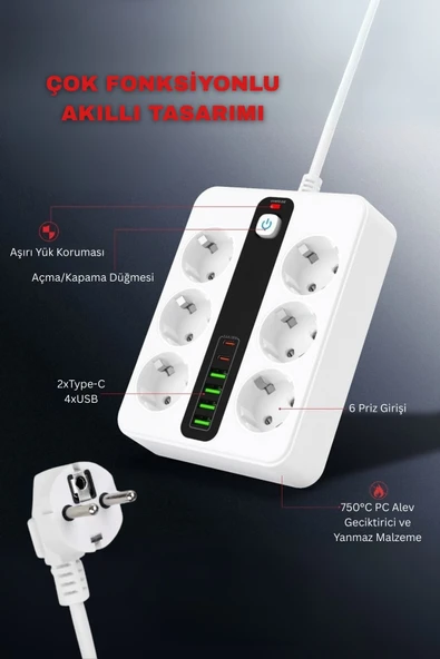 Yussraw Pro P11 6x Priz 3000W Termal Akım Korumalı 4x USB 2x Type-C Girişli Çoklu Priz - 5