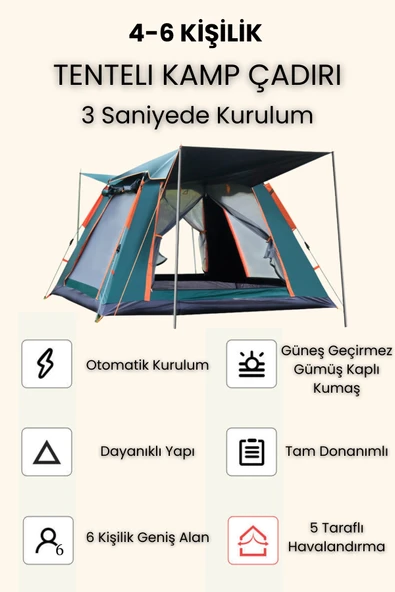 Yussraw 4-6 Kişilik Tam Otomatik Tenteli Kamp Çadırı dış 240x240x160 - 4