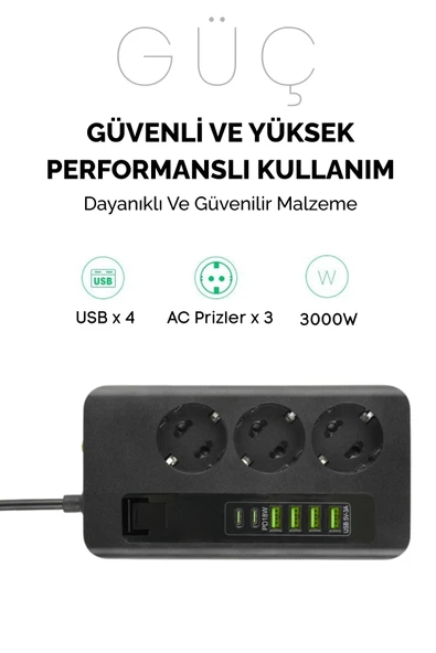 Yussraw Pro P10 3x Priz 3000W Akım Korumalı 4x USB 2x Type-C Girişli Çoklu Priz - 3