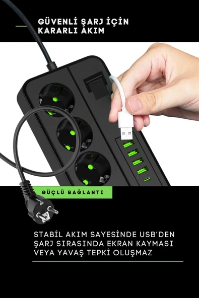 Yussraw Pro P10 3x Priz 3000W Akım Korumalı 4x USB 2x Type-C Girişli Çoklu Priz - 5