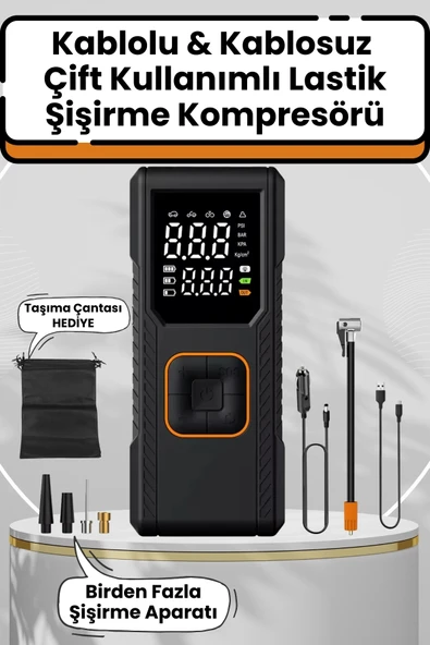 Yussraw Dijital Göstergeli Led Işıklı Taşınabilir 4500mAh Araç Lastik Şişirme Hava Kompresörü - 2