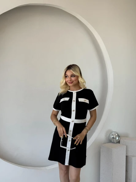 Kadın Kısa Kollu Bisiklet Yaka önden Düğmeli Modal Elbise - Resim 4