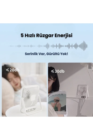 Yussraw Mini Taşınabilir Çok Fonksiyonlu Şarjlı Fan Sessiz Öğrenci Yatak Odası Ofis masaı Dijital göstegeli - 3