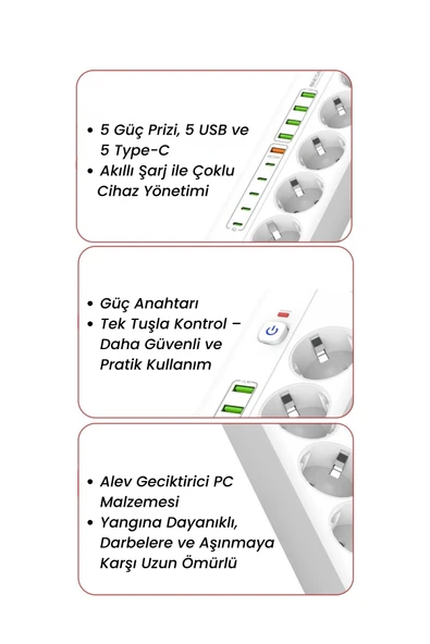 Yussraw PRO P13 3000W Akım Korumalı 5 Girişli Type-c ve USB Girişli Uzatmalı Grup Priz - 8