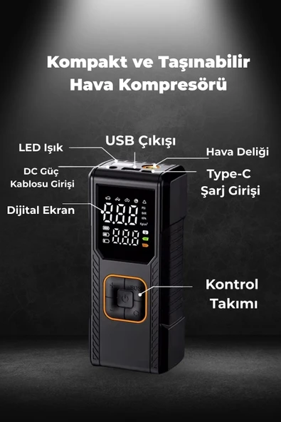 Yussraw Dijital Göstergeli Led Işıklı Taşınabilir 4500mAh Araç Lastik Şişirme Hava Kompresörü - 4