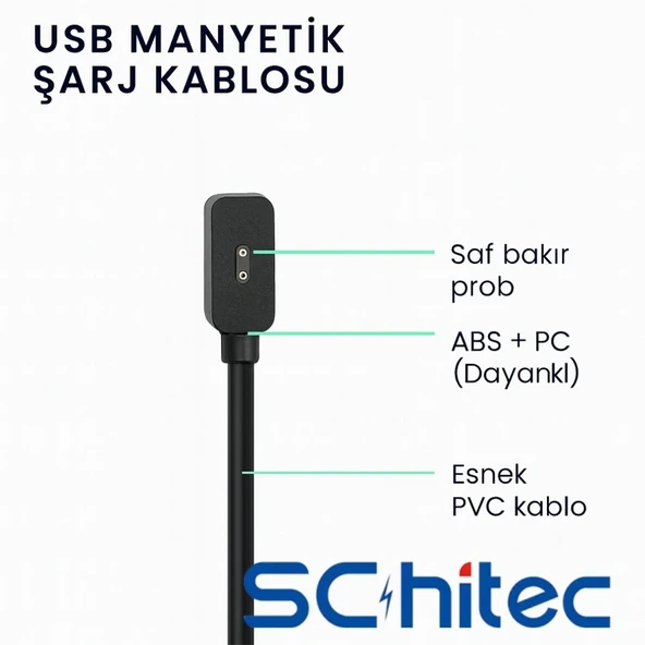 ScHitec Mi Band 8/8Pro/8Active/9/9Pro/9Active/10 &  Redmi Band2/Watch3/3Active/Watch4/4Active/Watch5/Active/5Lite Uyumlu 1m USB-A Manyetik Şarj Kablosu - 6