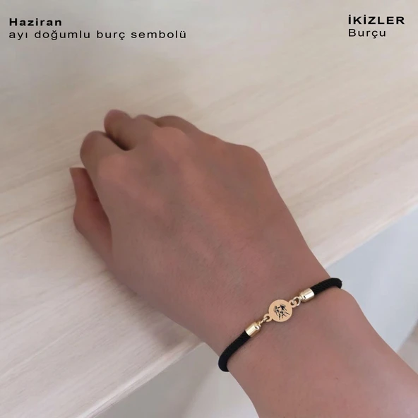 14 Ayar Altın Plakalı Burca Özel Siyah Örgü İpli Yuvarlak Figürlü Hediye Bileklik-619 - Resim 2