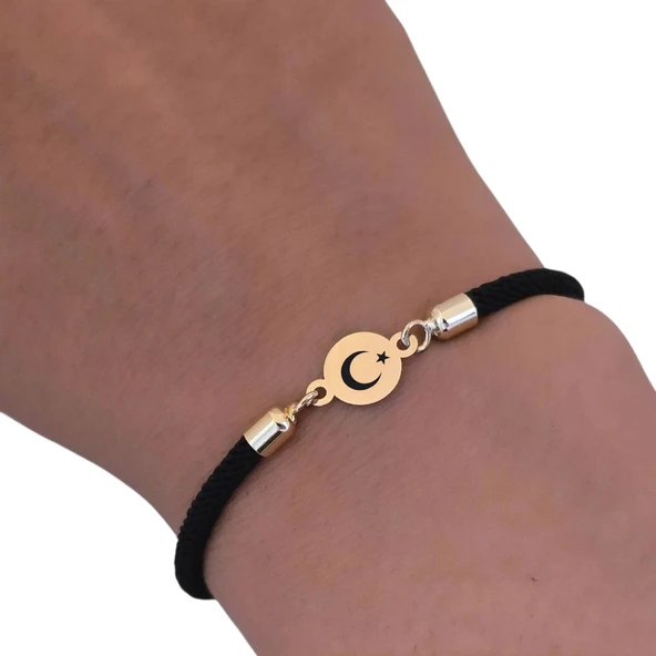 14 Ayar Altın Plakalı Sembole Özel Yuvarlak Figürlü Siyah Örgü İpli Hediye Bileklik-619 - Resim 3