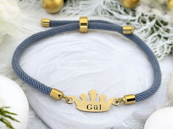 14 Ayar Altın Plakalı İsme Özel Taç Motifli Mavi İpek Örgülü Hediye Bileklik-620 ürün görseli