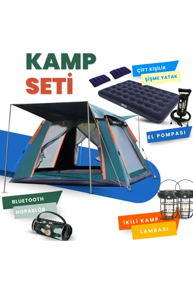 Yussraw 4-6 kişi kamp çadırı seti taşınabilir otomatik 240*240*155+lamba+yatak+yastık+pompa+hoparlör