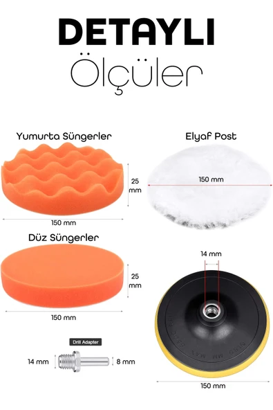 150mm | 11 Parça | Mega Boy Pasta Cila Elyaf Polisaj Süngeri | Matkap Uyumlu Parlatma Seti - Resim 5