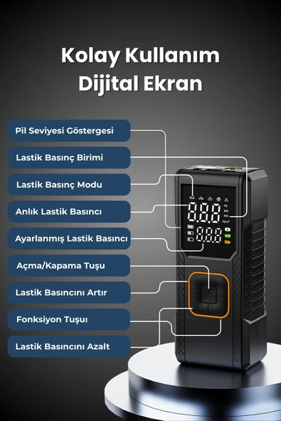 Yussraw Dijital Göstergeli Led Işıklı Taşınabilir 4500mAh Araç Lastik Şişirme Hava Kompresörü - 3