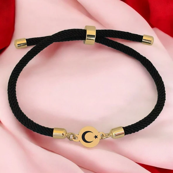 14 Ayar Altın Plakalı Sembole Özel Yuvarlak Figürlü Siyah Örgü İpli Hediye Bileklik-619 ürün görseli