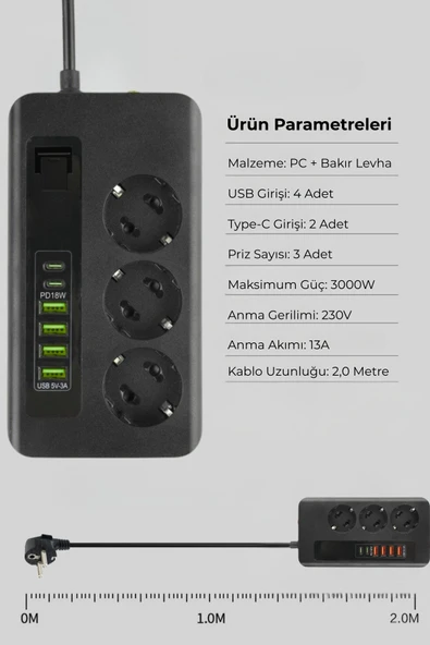 Yussraw Pro P10 3x Priz 3000W Akım Korumalı 4x USB 2x Type-C Girişli Çoklu Priz - 4