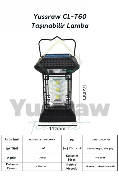 Yussraw solar aydınlatma güneş enerjili kamp lambası sensörlü ve usb sarjlı+güneş enerji - 5