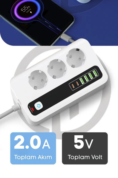 Yussraw Pro P10 3x Priz 3000W Akım Korumalı 4x USB 2x Type-C Girişli Çoklu Priz - 6