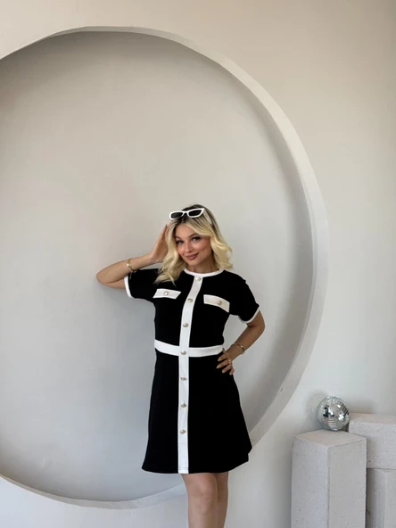 Kadın Kısa Kollu Bisiklet Yaka önden Düğmeli Modal Elbise - Resim 3