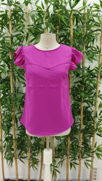 Kadın Yuvarlak Yaka Kolları Fırfırlı Krep Bluz - Resim 6