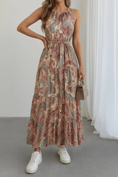Kadın Halter Yakalı Omuzlardan Açık Kuşaklı Maksi Boy Desenli Süprem Elbise ürün görseli