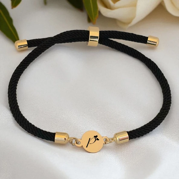 14 Ayar Altın Plakalı Harfe Özel Siyah Örgü İpli Yuvarlak Figürlü Hediye Bileklik-619 ürün görseli