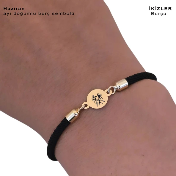 14 Ayar Altın Plakalı Burca Özel Siyah Örgü İpli Yuvarlak Figürlü Hediye Bileklik-619 - Resim 3