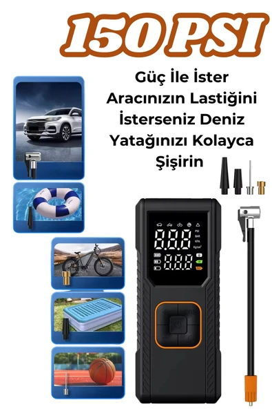 Yussraw Dijital Göstergeli Led Işıklı Taşınabilir 4500mAh Araç Lastik Şişirme Hava Kompresörü - 5