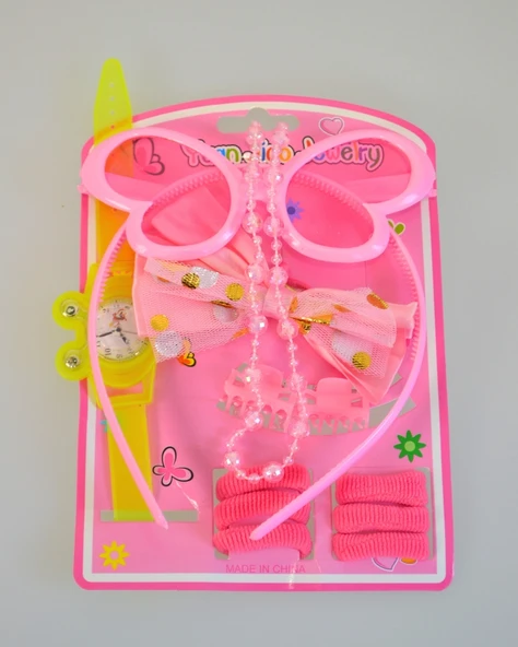 Kız Çocukları İçin Aksesuar Tam Seti | Gözlük + Saat + Toka + Kolye | Renkli ve Eğlenceli Hediye Seti - 6