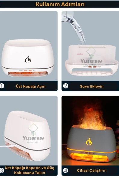 Yussraw Taşınabilir 200ml Kapasiteli Işıklı Aroma Yayıcılı Hava Nemlendircisi Taş Hediyeli - 3