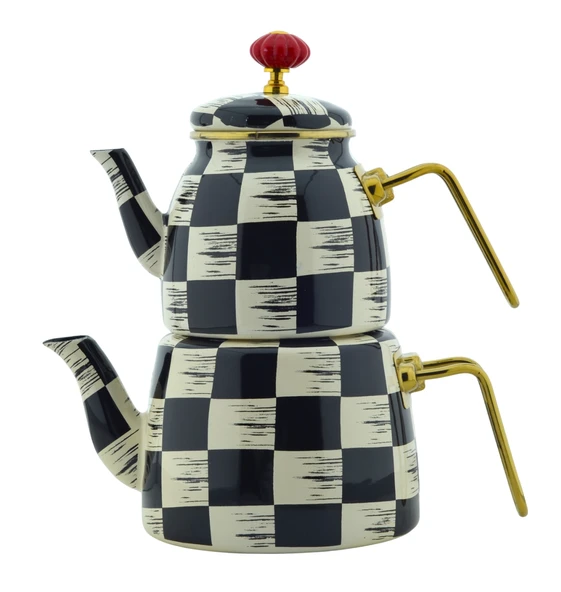 Kapak Defolu Kenzo Qualita King Alt Üst Emaye Çaydanlık Takımı Dama Dekor m1