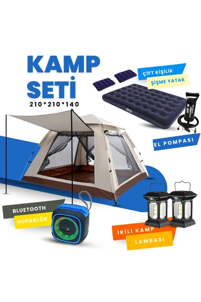Yussraw 2-4 kişi kamp çadırı seti taşınabilir otomatik 210*210*140+lamba+yatak+yastık+pompa+hoparlör - 1