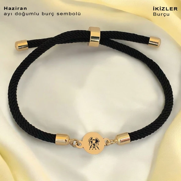 14 Ayar Altın Plakalı Burca Özel Siyah Örgü İpli Yuvarlak Figürlü Hediye Bileklik-619 ürün görseli