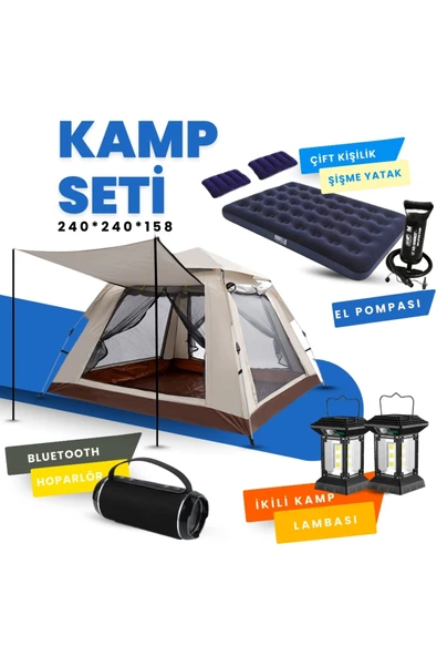 Yussraw 4-6 kişi kamp çadırı seti taşınabilir otomatik 240*240*155+lamba+yatak+yastık+pompa+hoparlör