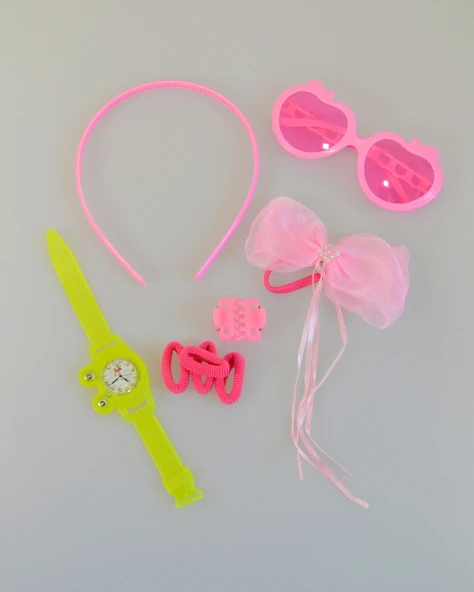 Kız Çocukları İçin Aksesuar Tam Seti | Gözlük + Saat + Toka + Kolye | Renkli ve Eğlenceli Hediye Seti - 7
