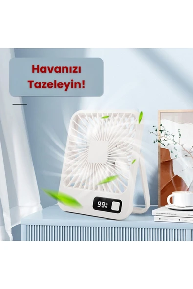 Yussraw Mini Taşınabilir Çok Fonksiyonlu Şarjlı Fan Sessiz Öğrenci Yatak Odası Ofis masaı Dijital göstegeli - 4