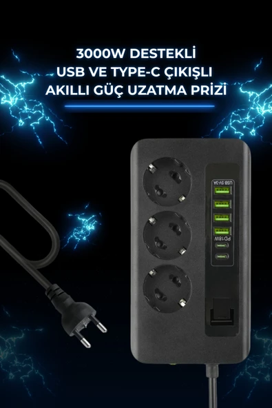 Yussraw Pro P10 3x Priz 3000W Akım Korumalı 4x USB 2x Type-C Girişli Çoklu Priz - 6
