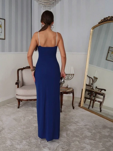 Kadın Omuz Askılı Derin Yırtmaç Detay Maxi Boy Elbise - Resim 7