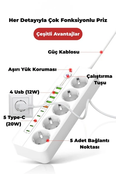 Yussraw PRO P13 3000W Akım Korumalı 5 Girişli Type-c ve USB Girişli Uzatmalı Grup Priz - 4