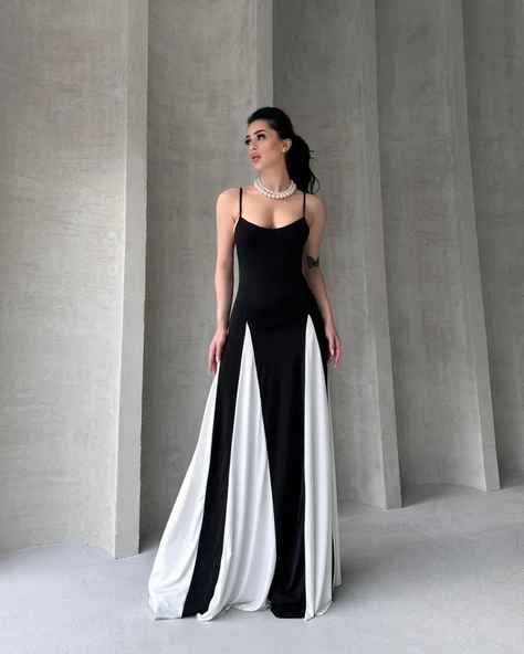 Askılı Beyaz Detaylı Maxı Kadın Elbise - Resim 2