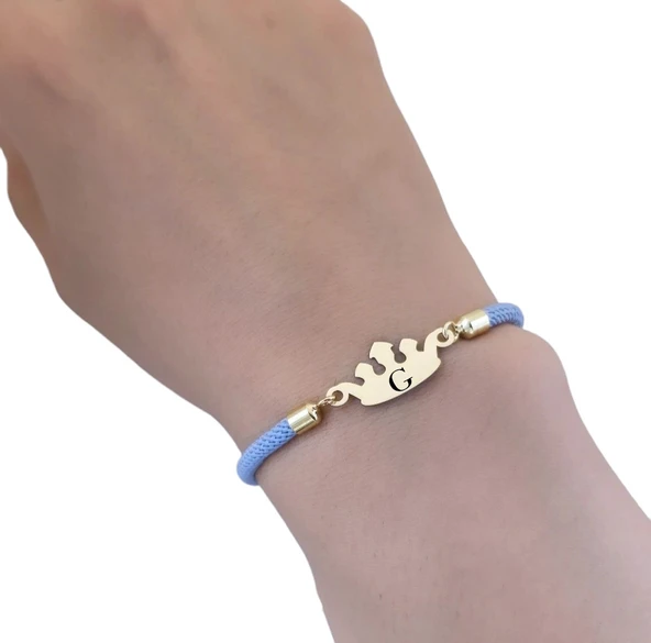 14 Ayar Altın Plakalı Harfe Özel Mavi İpek Örgülü Taç Motifli Hediye Bileklik-620 - Resim 3