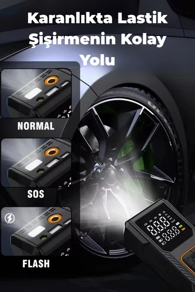 Yussraw Dijital Göstergeli Led Işıklı Taşınabilir 4500mAh Araç Lastik Şişirme Hava Kompresörü - 7